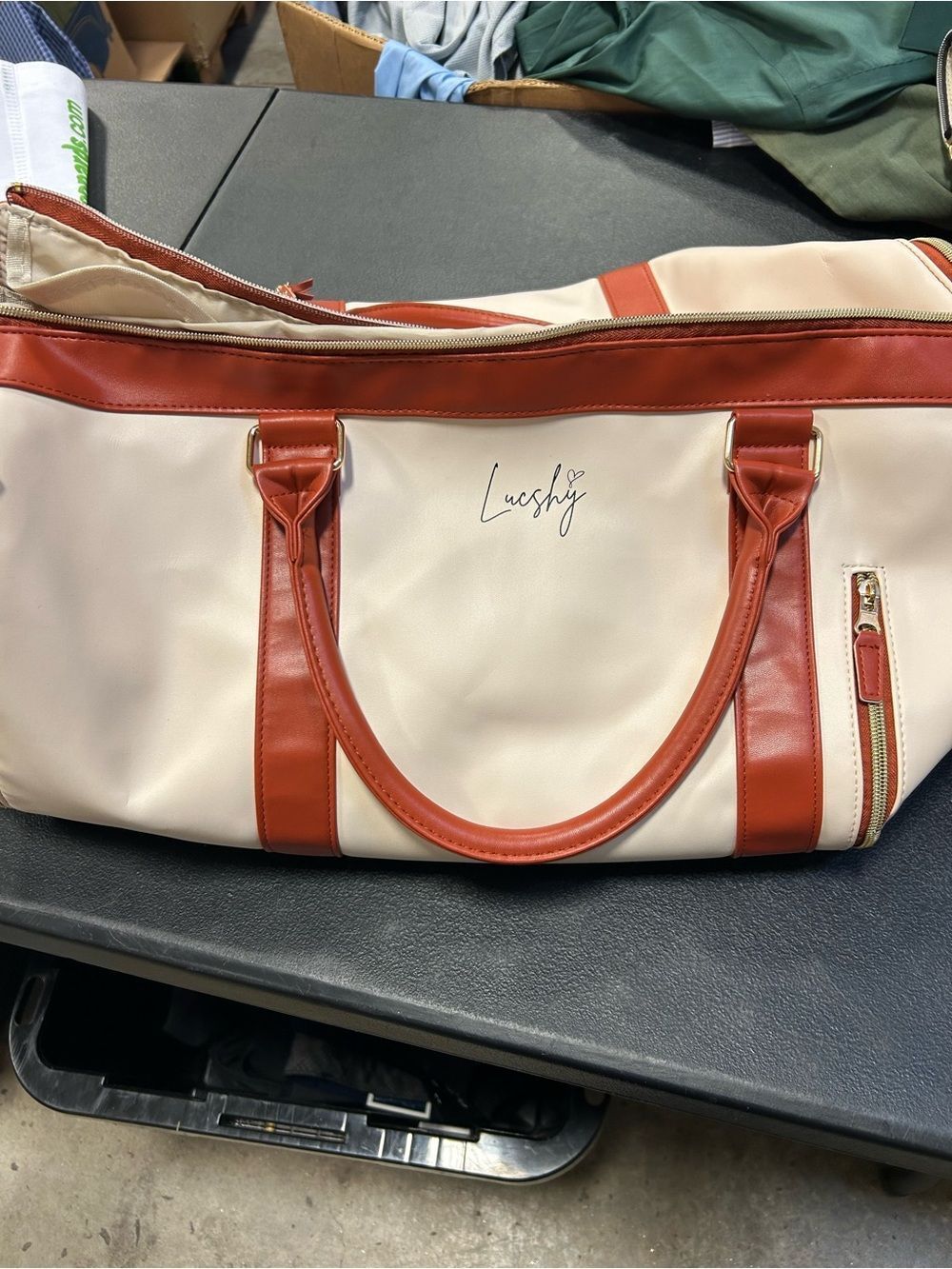 Cream and Rust Vegan Leather Weekender Bag by Lucshy